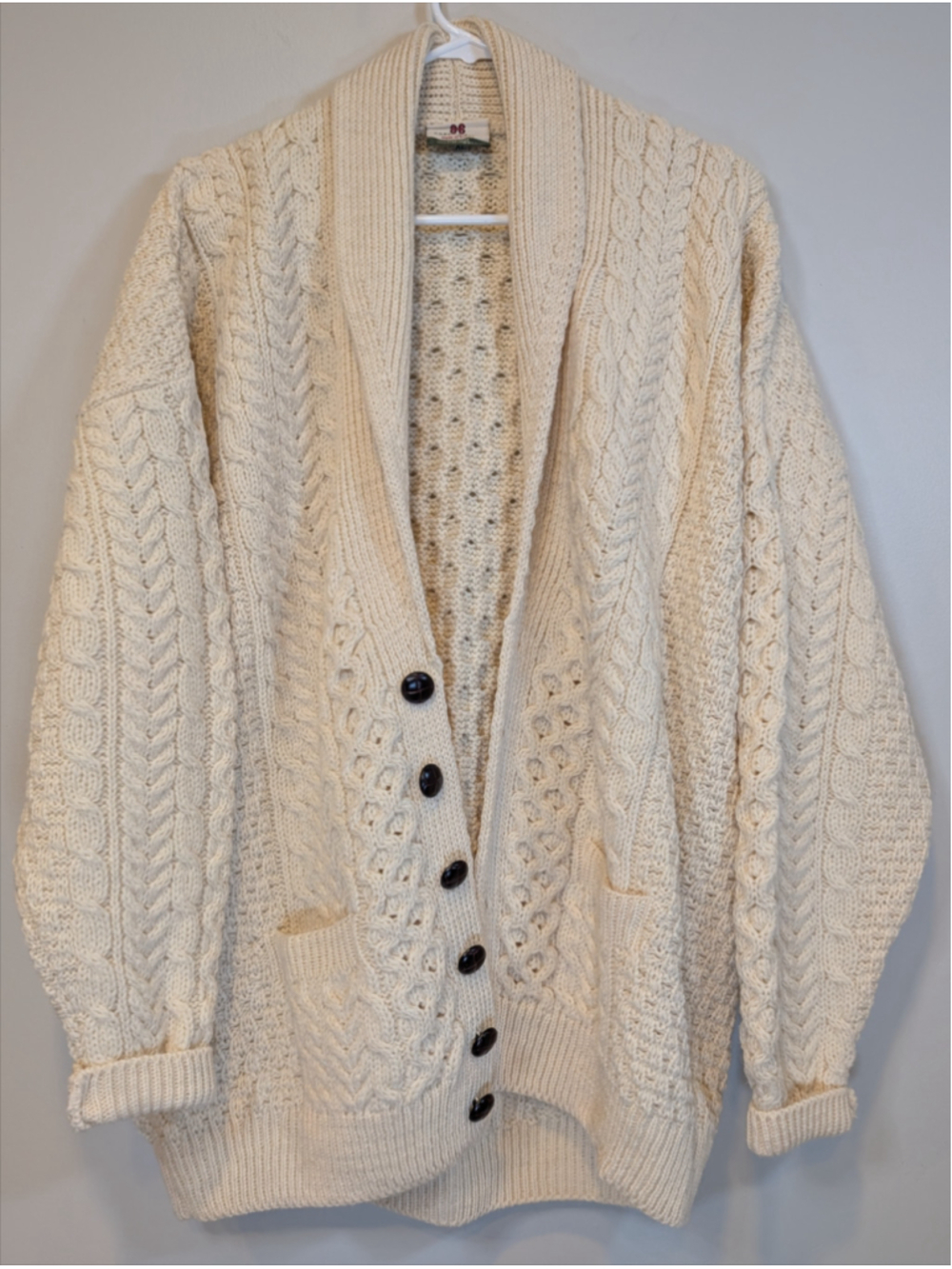 Vtg Carraig Donn Ireland Unisex Wool Cable Knit Shawl Cardigan Sweater Cream XL